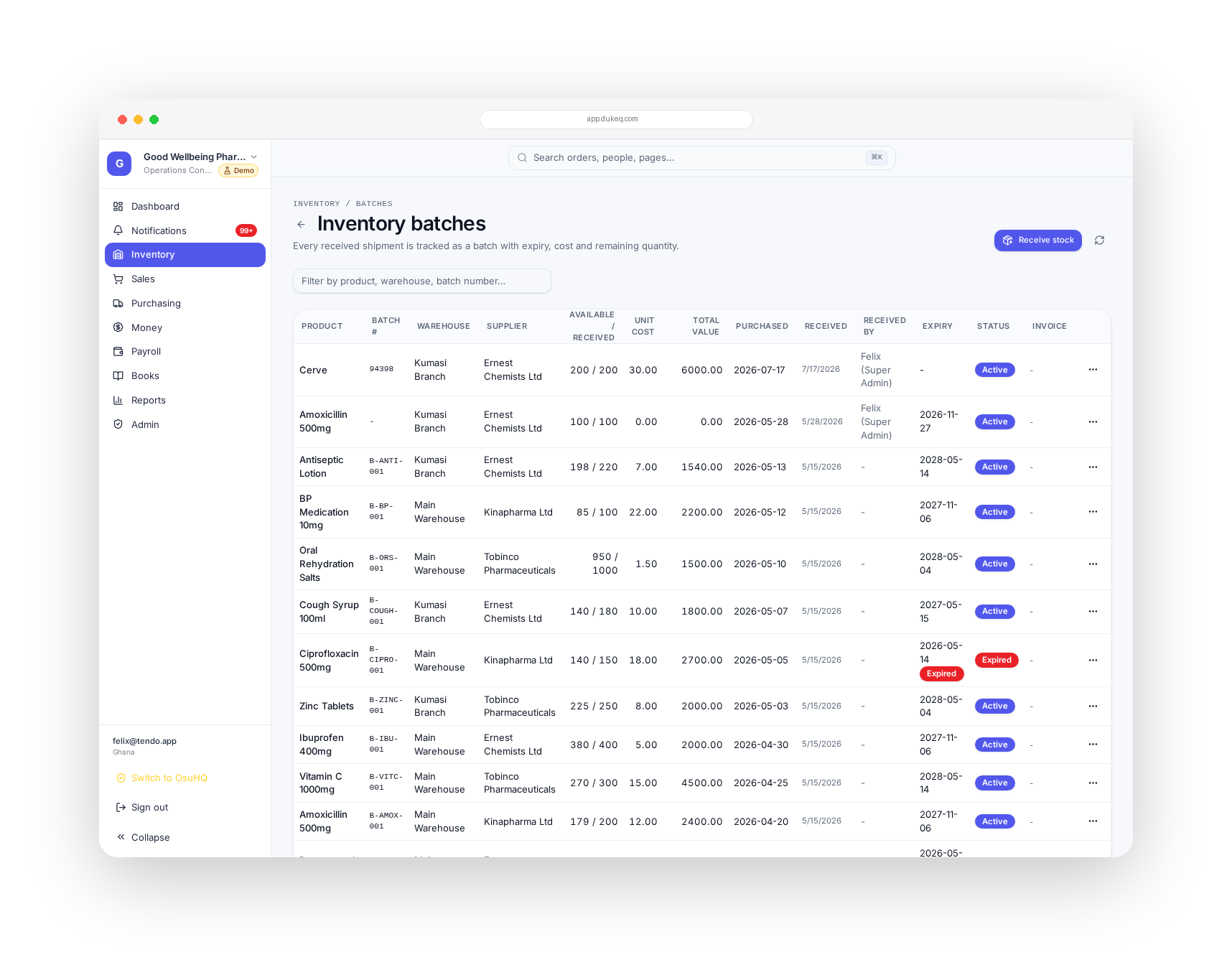 DukeQ inventory screen showing product batches, quantities on hand and expiry dates